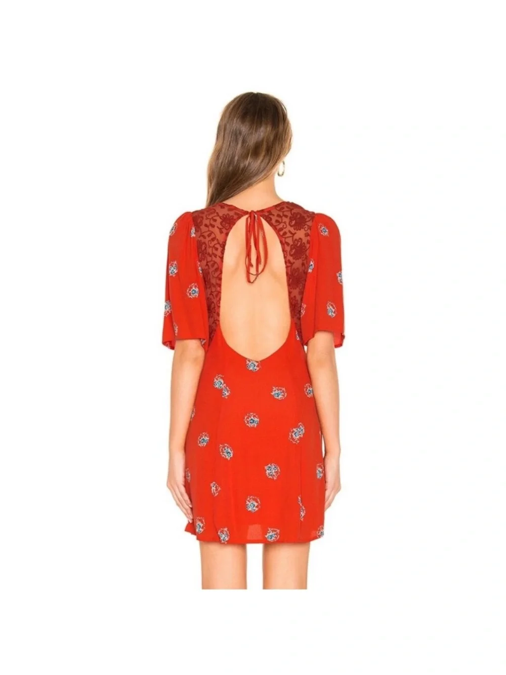 FREE PEOPLE Women Mocking Bird Backless Coral Red Lace Floral Mini Dress size 12 - Picture 14 of 15